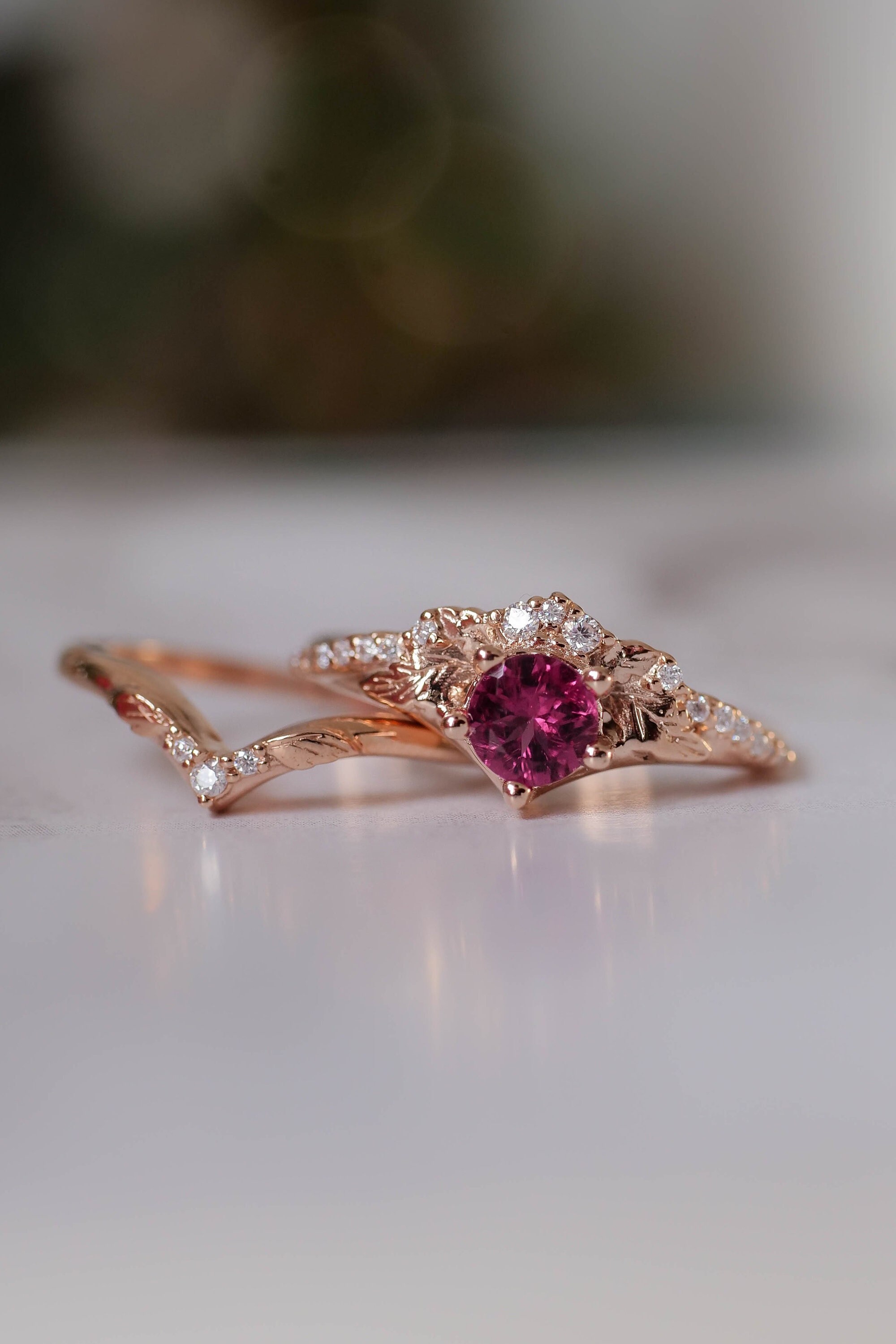 Pink Tourmaline Engagement Ring Set, Gold Leaf Wedding Bands