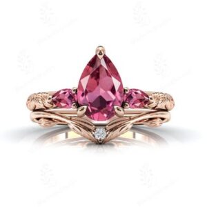 Pink Tourmaline Engagement Ring Set For Women Unique Leaf Design Wedding Ring Set 925 Silver Tourmaline 2 Piece Bridal Ring Set Gift For Her Pink Tourmaline Engagement Ring Set For Women Unique Leaf Design Wedding Ring Set 925 Silver Tourmaline 2 Piece Bridal Ring Set Gift For Her