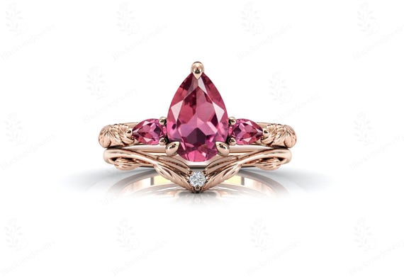Pink Tourmaline Engagement Ring Set For Women Unique Leaf Design Wedding Ring Set 925 Silver Tourmaline 2 Piece Bridal Ring Set Gift For Her