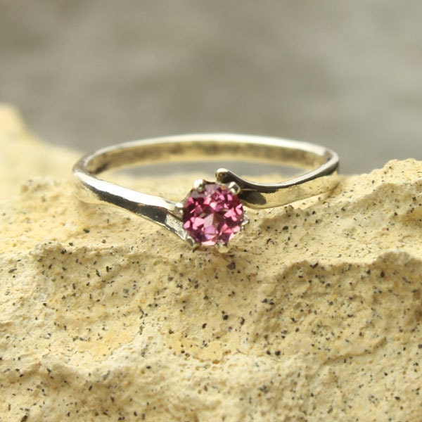 Pink Tourmaline Ring, Faceted Round Pink Tourmaline Gemstone Sterling Silver Ring,  Size 6 1/2