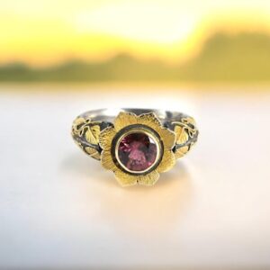 Pink Tourmaline Floral Ring, 18K Gold Sterling Silver Botanical Ring, Size 8 Pink Tourmaline Floral Ring, 18K Gold Sterling Silver Botanical Ring, Size 8