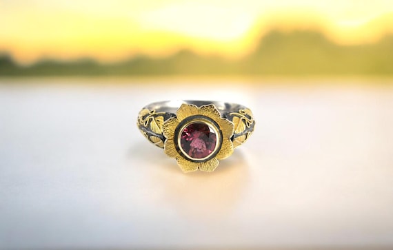 Pink Tourmaline Floral Ring, 18k Gold Sterling Silver Botanical Ring, Size 8
