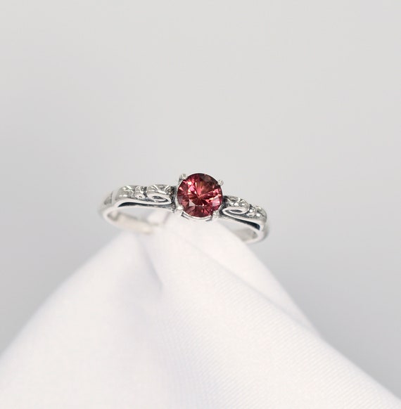 Pink Tourmaline Ring, Genuine Gemstone 5mm Faceted Round, 1/2 Carat, October Birthstone, Set In 925 Sterling Silver Scrolled Mounting