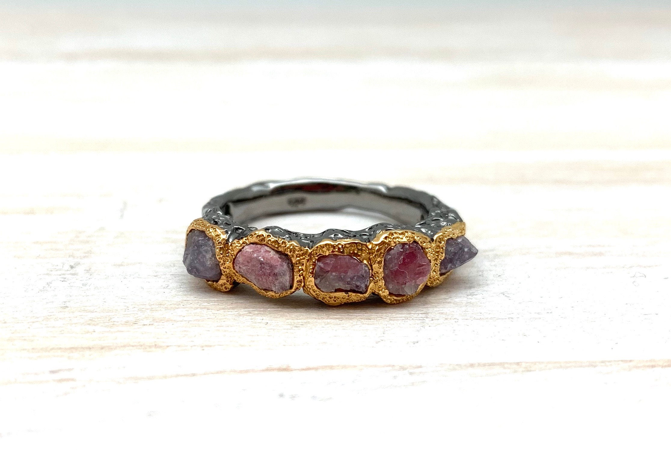 Pink Tourmaline Gold And Silver Ring Size 8 / Natural Raw Pink Tourmaline Gold And Black Silver Ring / 925 Sterling Silver 18k Gold 3 Micron