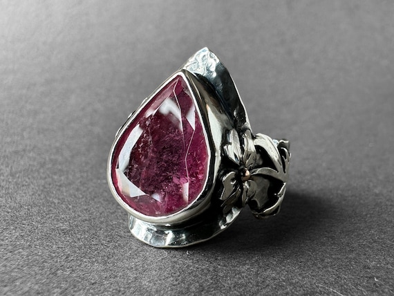 Gorgeous Natural Rubellite Statement Silver Ring, Art Nouveau Pink Tourmaline Ring, Father's Special Collection Piece, Flower Design Jewelry