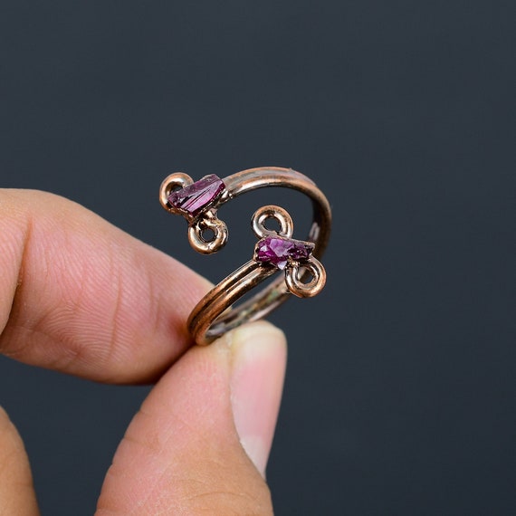 Handmade Electroformed Copper Ring: Pink Tourmaline, Adjustable