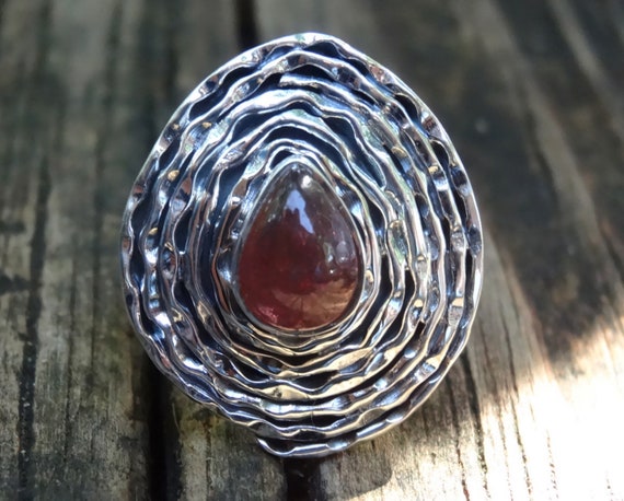 Handmade Pink Tourmaline Ring: Sterling Silver Statement Ring, Size 6.5