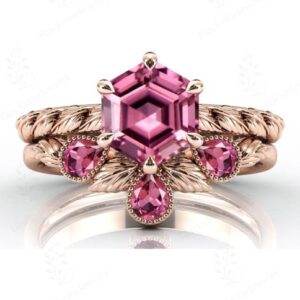 Hexagon Cut Pink Tourmaline Engagement Ring Set Vintage Leaf Style Wedding Ring Set 14k Gold Tourmaline Nature Inspired Ring Set For Her Hexagon Cut Pink Tourmaline Engagement Ring Set Vintage Leaf Style Wedding Ring Set 14k Gold Tourmaline Nature Inspired Ring Set For Her