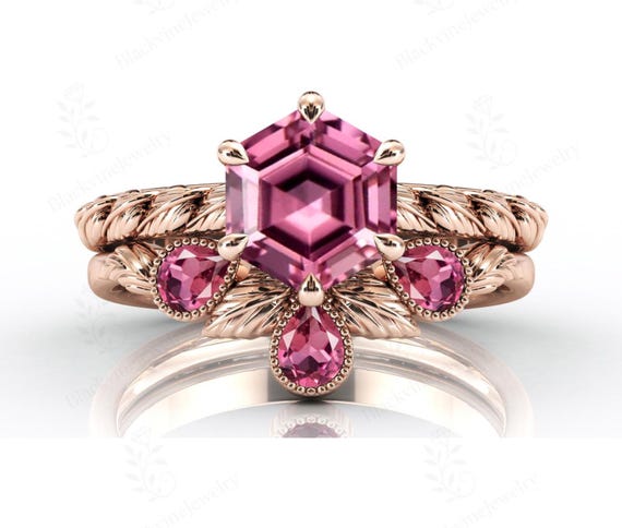 Hexagon Cut Pink Tourmaline Engagement Ring Set Vintage Leaf Style Wedding Ring Set 14k Gold Tourmaline Nature Inspired Ring Set For Her