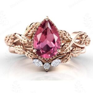 Pink Tourmaline Leaf Design Ring Set For Women Pink Gemstone Engagement Ring Set Anniversary Ring Set Art Deco Leaf Bridal Wedding Ring Set Pink Tourmaline Leaf Design Ring Set For Women Pink Gemstone Engagement Ring Set Anniversary Ring Set Art Deco Leaf Bridal Wedding Ring Set