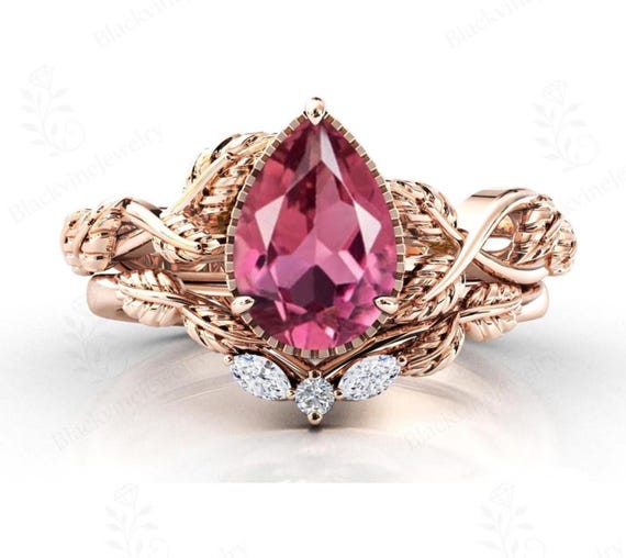 Pink Tourmaline Leaf Design Ring Set For Women Pink Gemstone Engagement Ring Set Anniversary Ring Set Art Deco Leaf Bridal Wedding Ring Set