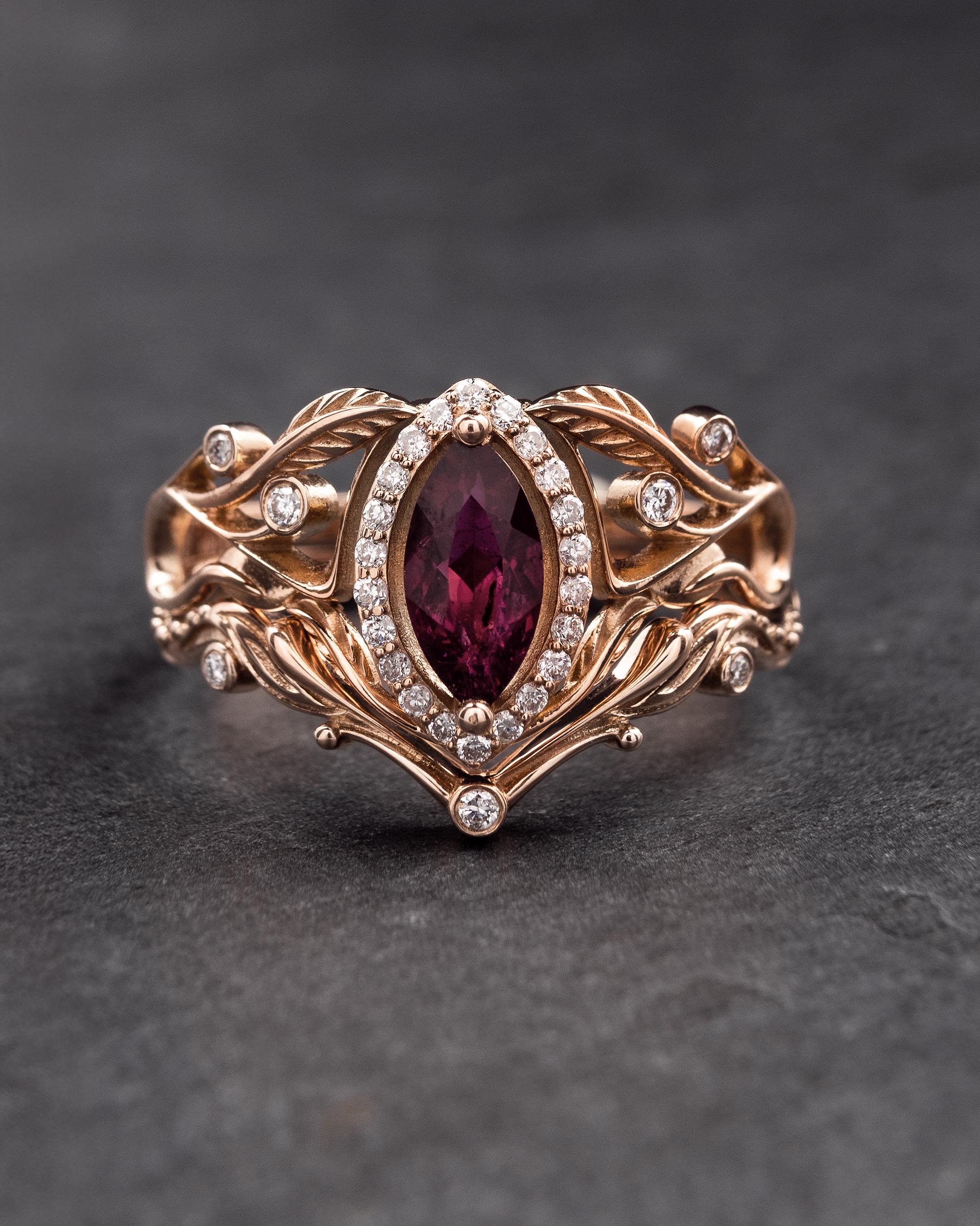 Natural Pink Tourmaline Engagement Ring Set, Vintage Inspired Bridal Jewelry