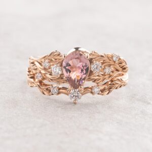 Natural Pink Tourmaline Engagement Ring Set, Japanese Maple Leaf Ring Natural Pink Tourmaline Engagement Ring Set, Japanese Maple Leaf Ring
