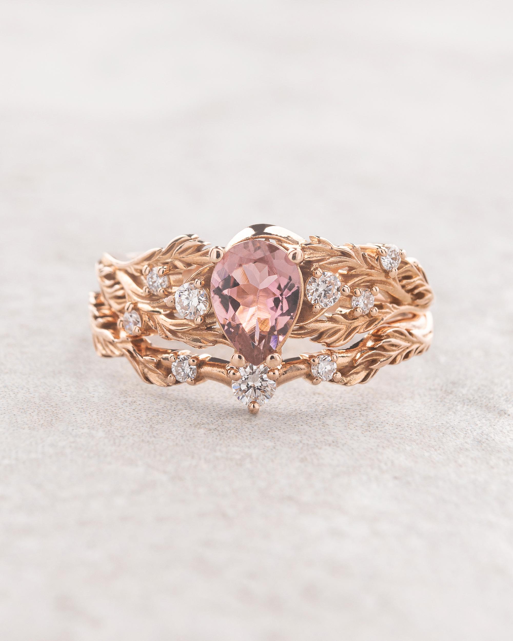 Natural Pink Tourmaline Engagement Ring Set, Japanese Maple Leaf Ring