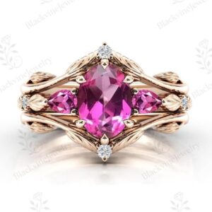 Natural Pink Tourmaline Leaf Engagement Ring Set Vintage 3 Piece Wedding Ring Set 14k Gold Tourmaline Bridal Ring Set Women Anniversary Gift Natural Pink Tourmaline Leaf Engagement Ring Set Vintage 3 Piece Wedding Ring Set 14k Gold Tourmaline Bridal Ring Set Women Anniversary Gift