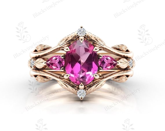 Natural Pink Tourmaline Leaf Engagement Ring Set Vintage 3 Piece Wedding Ring Set 14k Gold Tourmaline Bridal Ring Set Women Anniversary Gift