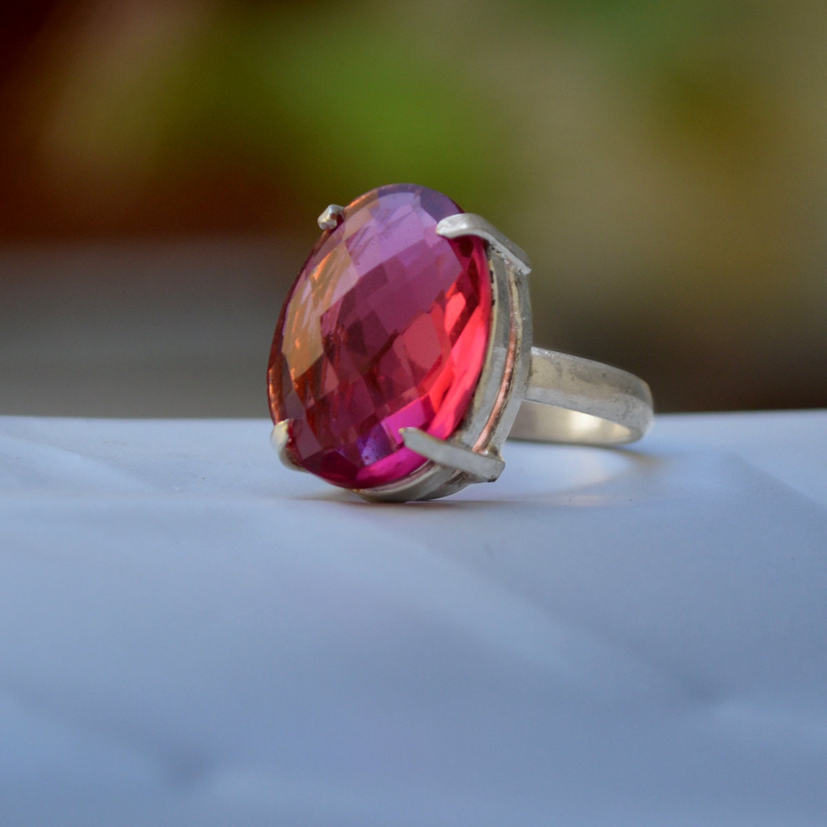 Oval Rose Cut Pink Tourmaline Ring: Sterling Silver Statement Jewelry