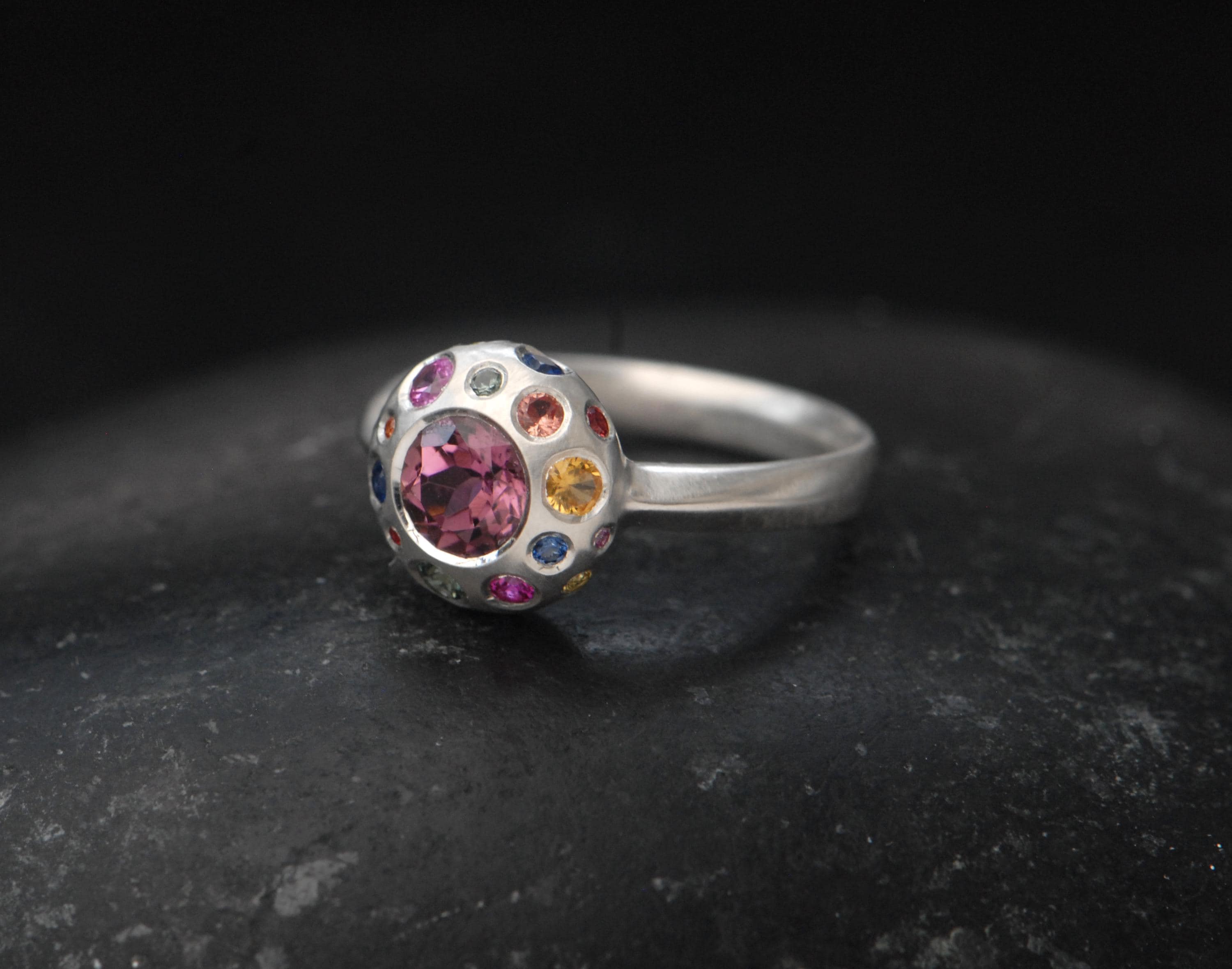 Pink Tourmaline Ring, Rainbow Colour Cluster Ring, Gift For Them