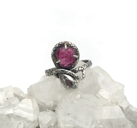 Rough Pink Tourmaline Coiled Snake Ring, Size 9