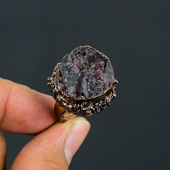 Pink Tourmaline Rough Ring, Handmade Electroformed Copper, Adjustable Band