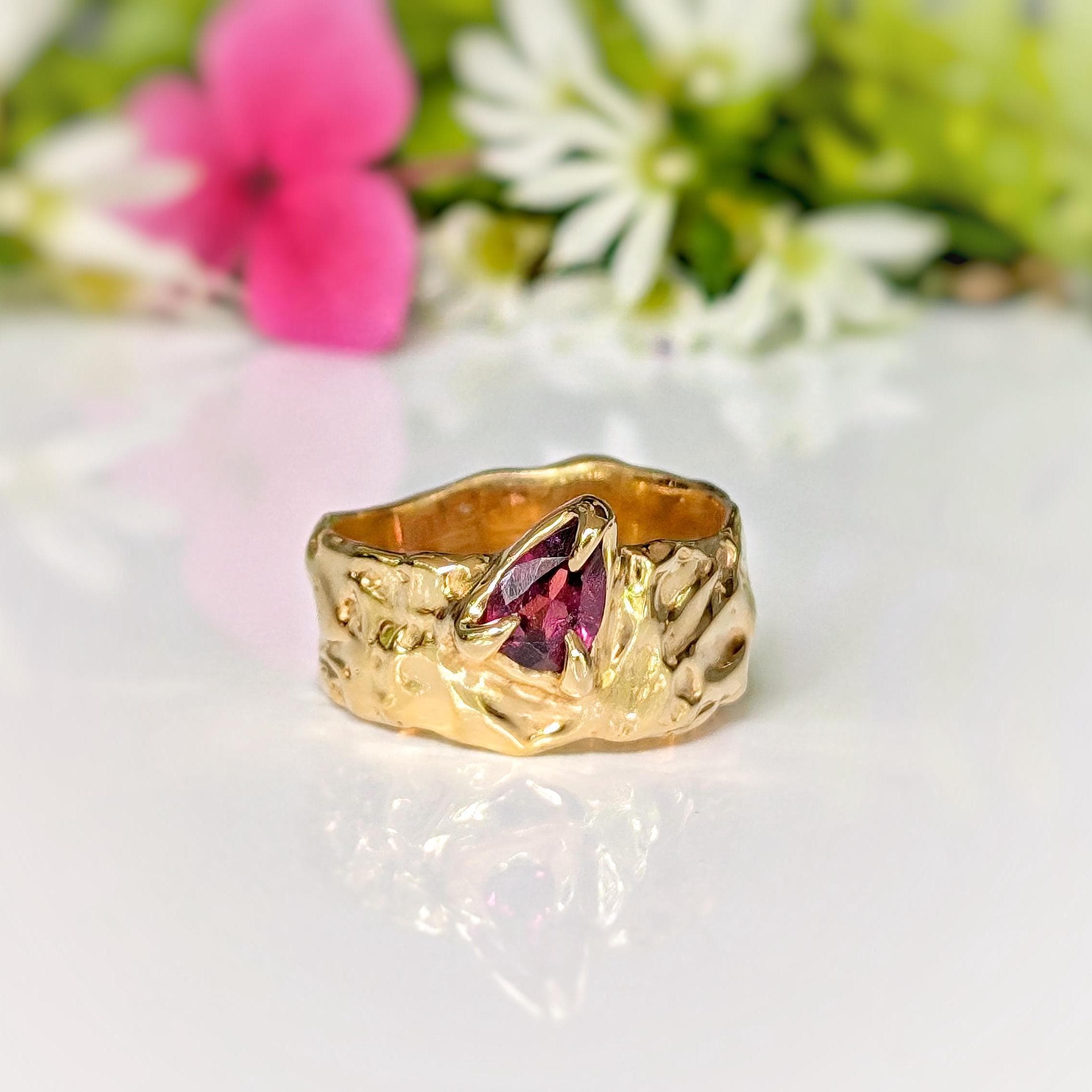 Pink Tourmaline Ring, Rubellite Tourmaline Ring, Rustic Gold Textured Ring, Gold Wide Band Gemstone Ring Nature Inspired Ring Statement Ring