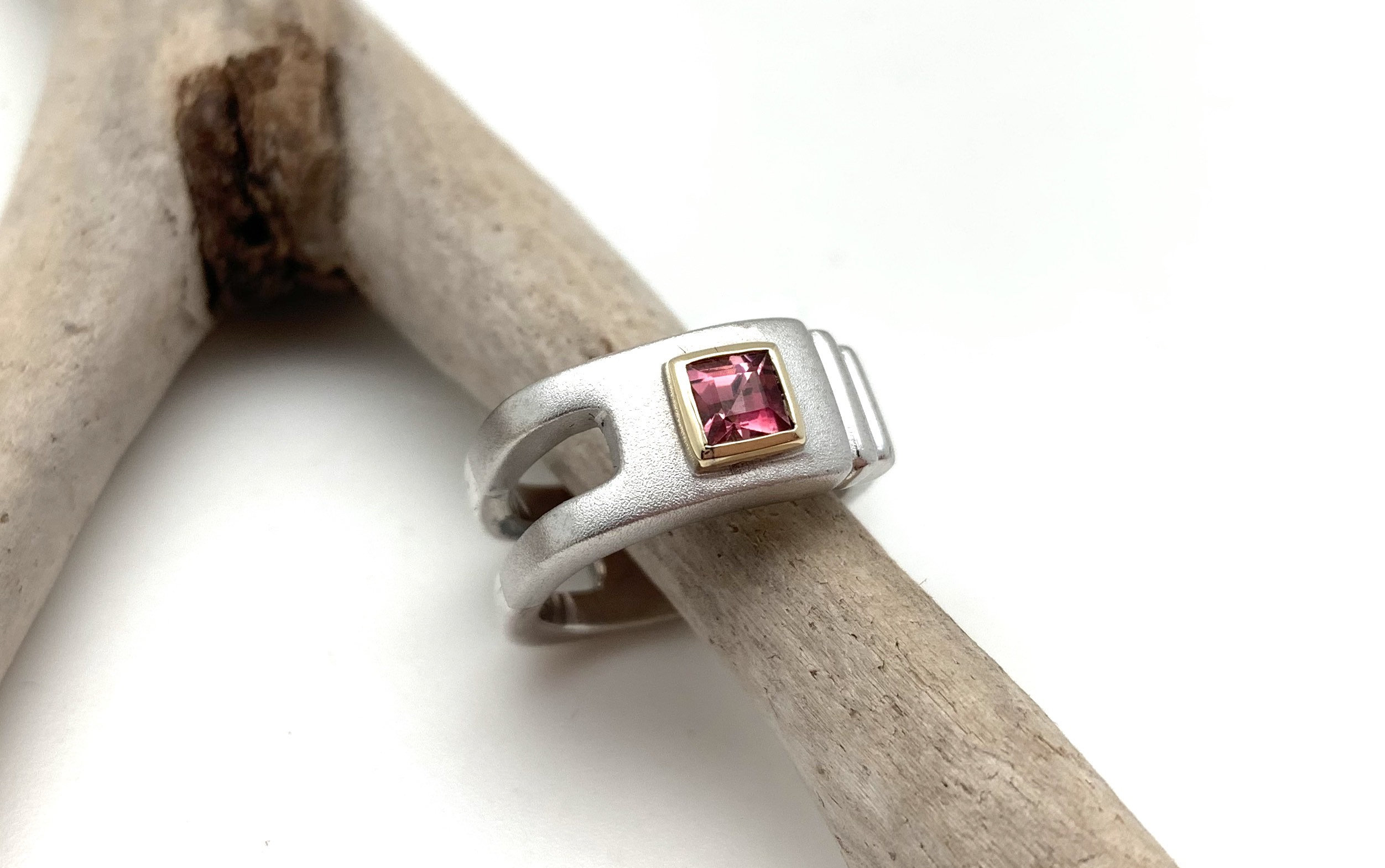 Pink Tourmaline Ring With Solid 18k Gold Accent // 925 Sterling Silver // Matte Rhodium Finish // Size 6.5