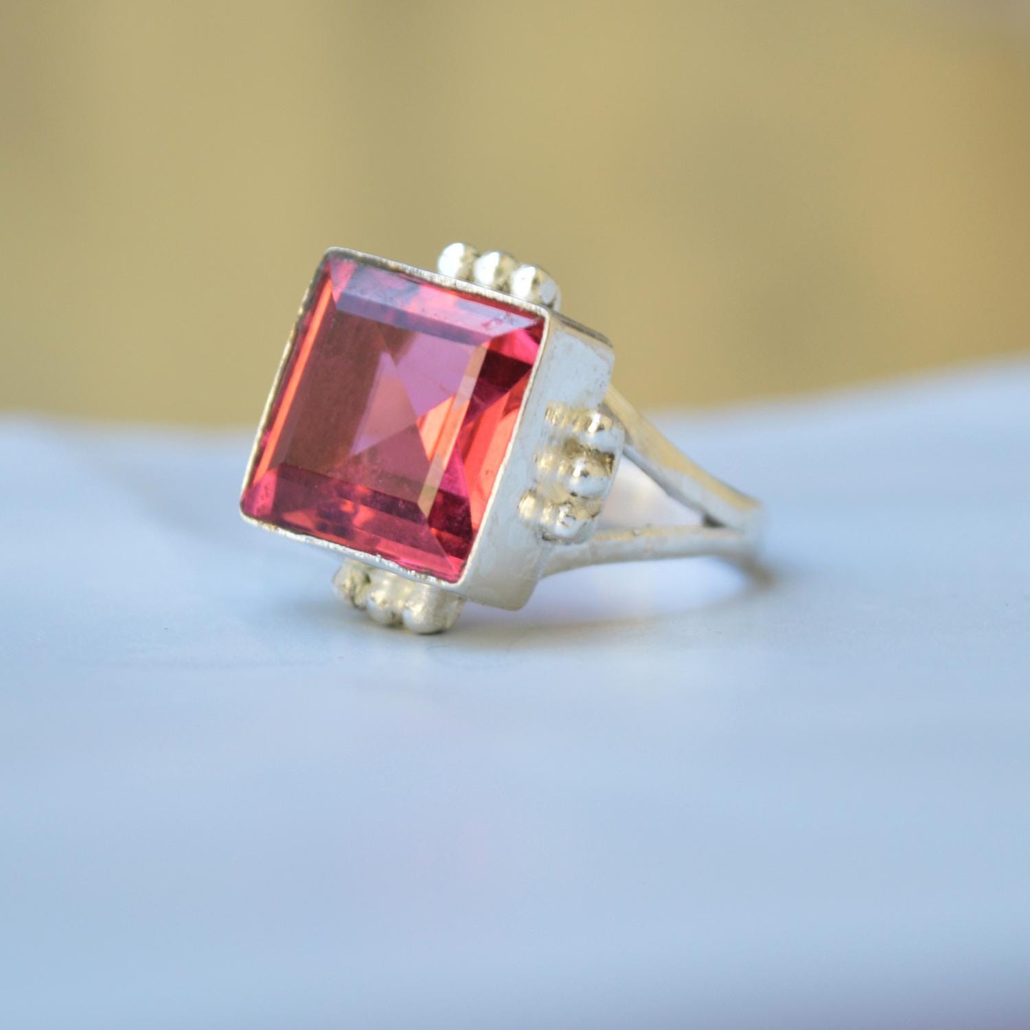 Square Pink Tourmaline Ring: Sterling Silver, Gold Fill Statement Ring