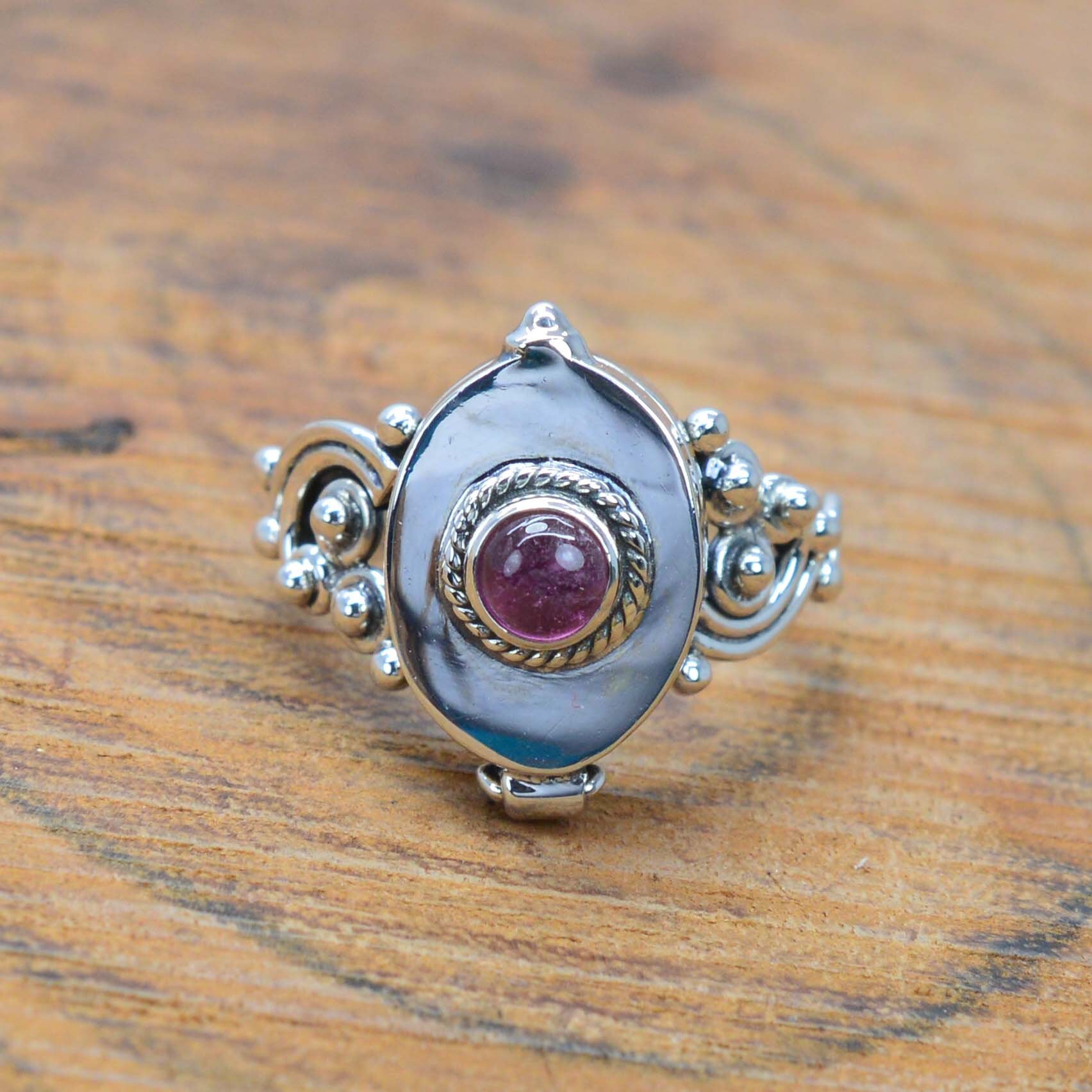 Pink Tourmaline Sterling Silver Poison Ring, Handmade Message Box Jewelry