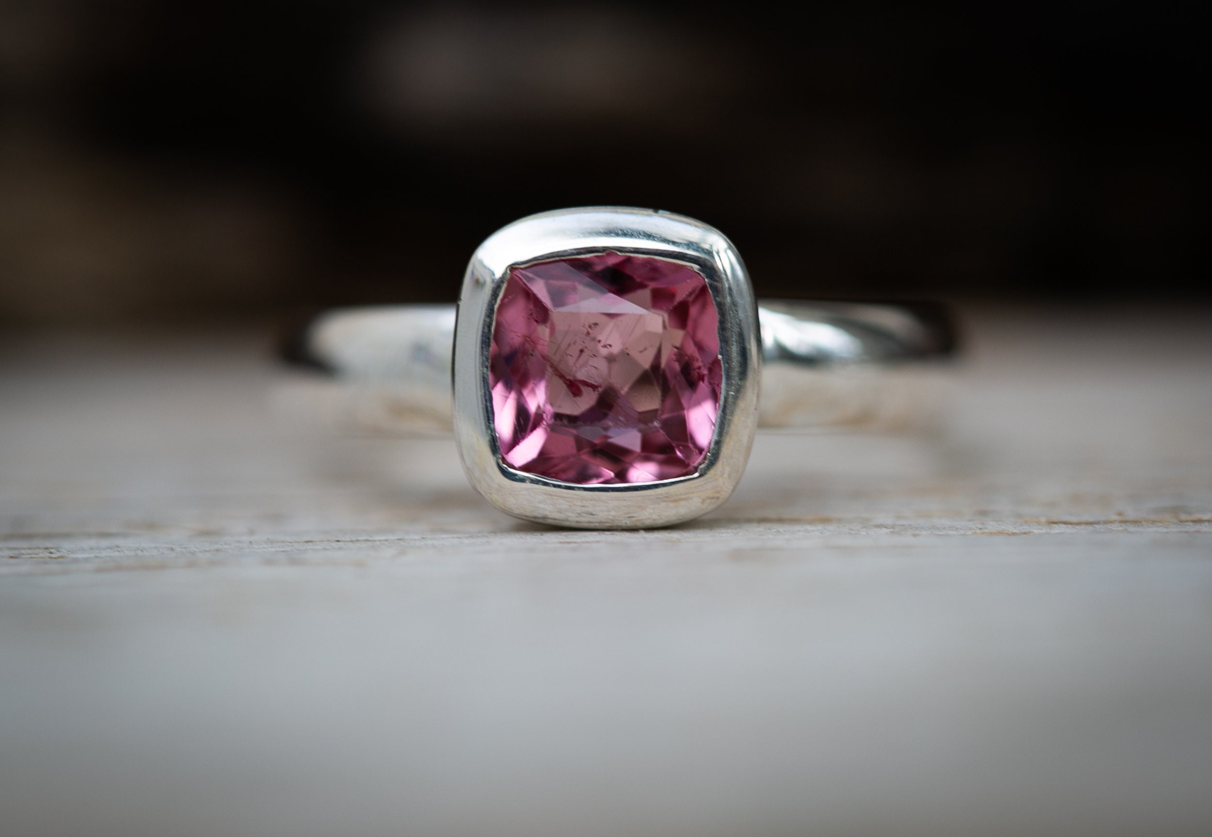 Pink Tourmaline Sterling Silver Ring, Size 7.5