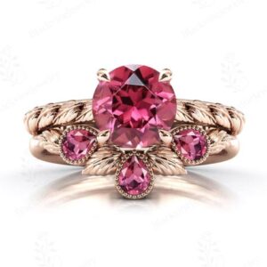 Unique Pink Tourmaline Engagement Ring Set 925 Silver Tourmaline Wedding Ring Set Art Deco Leaf Design 2 Piece Ring Set Anniversary Gift Unique Pink Tourmaline Engagement Ring Set 925 Silver Tourmaline Wedding Ring Set Art Deco Leaf Design 2 Piece Ring Set Anniversary Gift