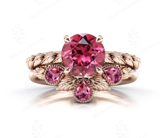 Unique Pink Tourmaline Engagement Ring Set 925 Silver Tourmaline Wedding Ring Set Art Deco Leaf Design 2 Piece Ring Set Anniversary Gift