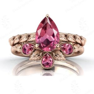 Unique Pink Tourmaline Wedding Ring Set Vintage Tourmaline Engagement Ring Set Art Deco Leaf Ring Set 14k Gold Tourmaline Bridal Ring Set Unique Pink Tourmaline Wedding Ring Set Vintage Tourmaline Engagement Ring Set Art Deco Leaf Ring Set 14k Gold Tourmaline Bridal Ring Set