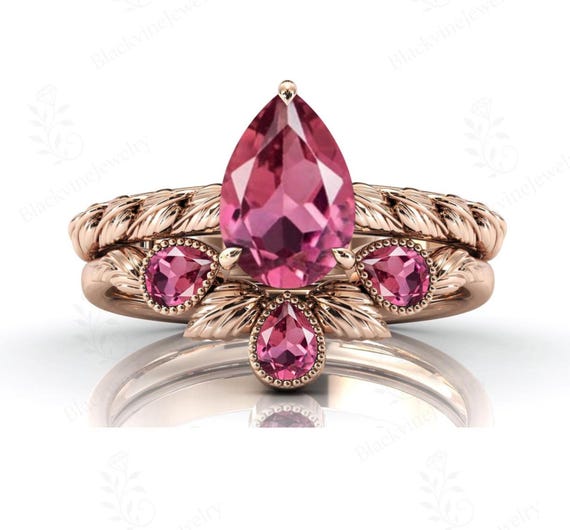 Unique Pink Tourmaline Wedding Ring Set Vintage Tourmaline Engagement Ring Set Art Deco Leaf Ring Set 14k Gold Tourmaline Bridal Ring Set