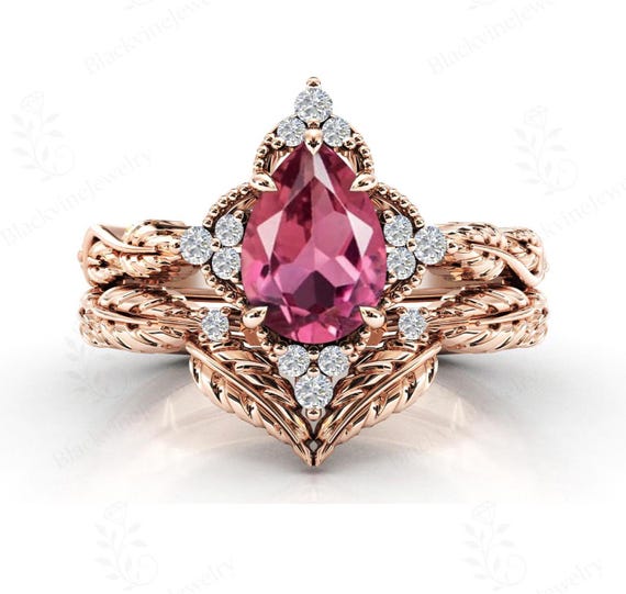 Unique Pink Tourmaline Wedding Ring Set 14k Gold Tourmaline Art Deco Bridal Ring Set Unique 2 Piece Engagement Ring Set Promise Ring Set