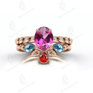 Vine Leaf Pink Tourmaline Engagement Ring Set For Women 925 Sterling Silver Statement Gemstone Ring Set Art Deco Wedding 2 Pcs Ring Set Gift Vine Leaf Pink Tourmaline Engagement Ring Set For Women 925 Sterling Silver Statement Gemstone Ring Set Art Deco Wedding 2 Pcs Ring Set Gift