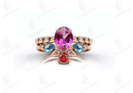Vine Leaf Pink Tourmaline Engagement Ring Set For Women 925 Sterling Silver Statement Gemstone Ring Set Art Deco Wedding 2 Pcs Ring Set Gift