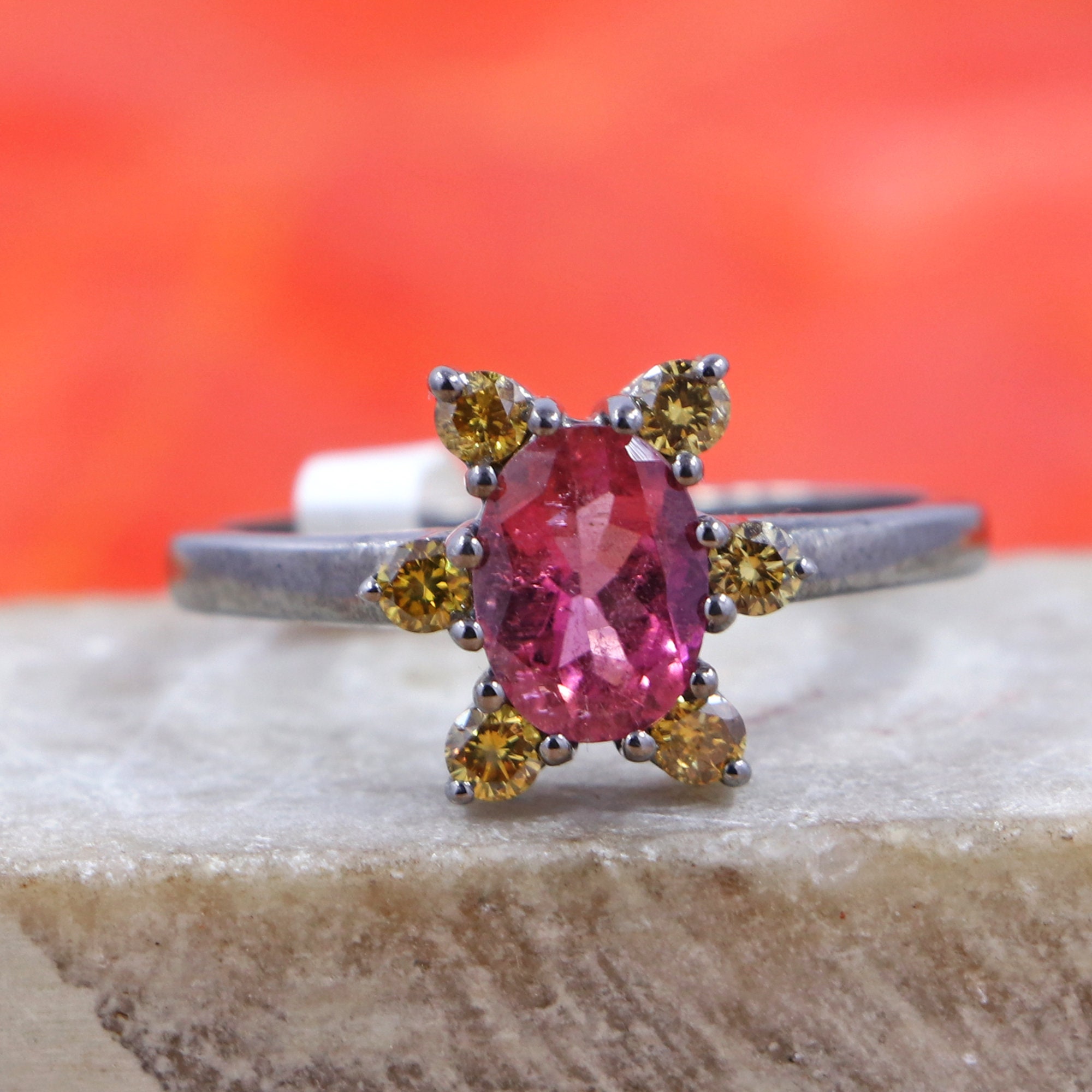 Pink Tourmaline Ring: Yellow Cz, Oxidized Sterling Silver