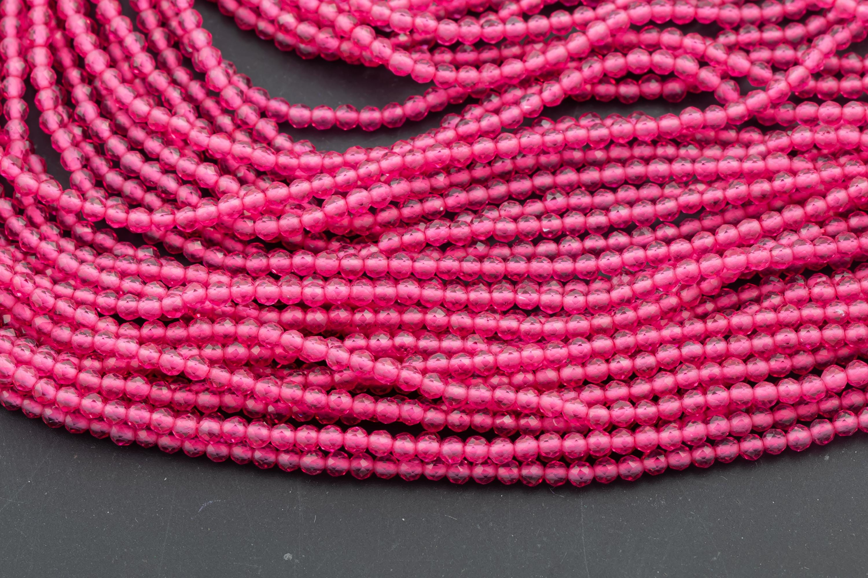 2mm Or 3mm Crystal Round -2 Or 5 Or 10 Strands- Extra Fine-14 Inches Long About 100+ Beads - Pink Tourmaline