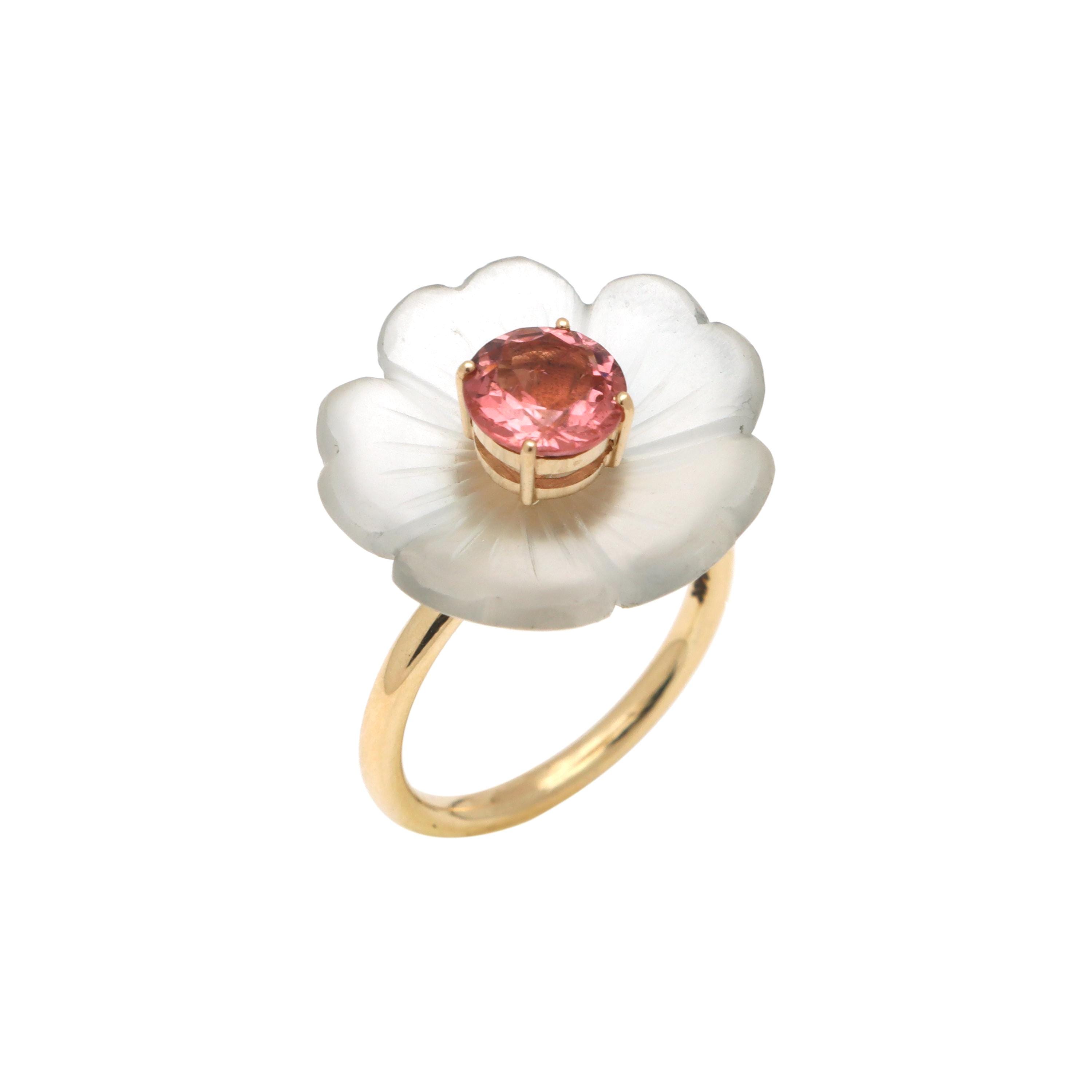 Crystal Carving Pink Tourmaline Ring, Flower Round Tourmaline Ring, Crystal Carving Pink Gemstone, Tourmaline Ring For Her Engagement Day