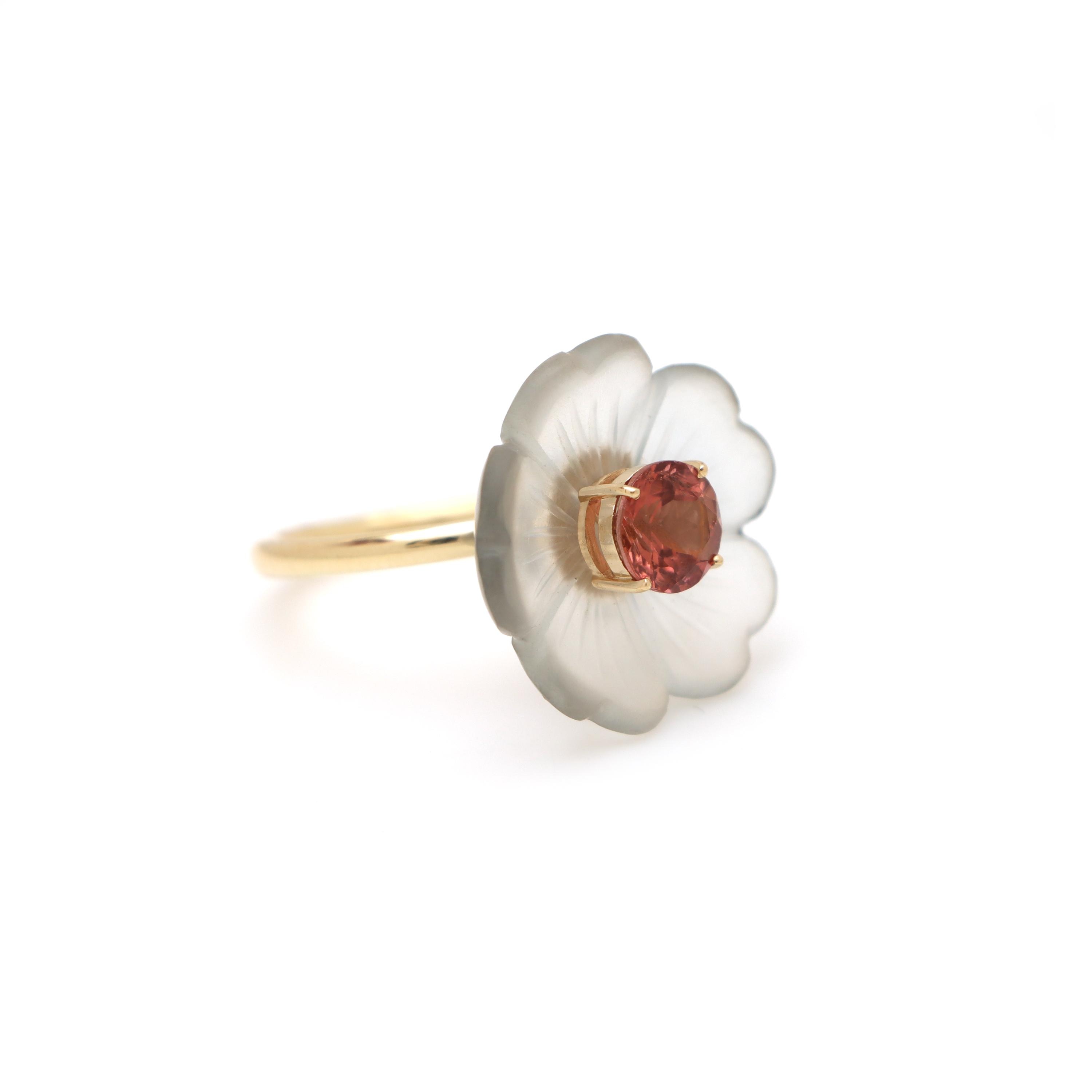 Engagement Ring, Pink Tourmaline Crystal Carving Ring, 14k Crystal Carving Jewelry, Pink Tourmaline Gemstone Ring, Round Tourmaline Ring