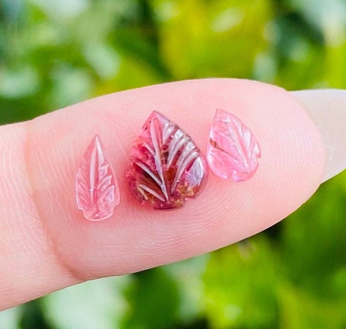 Pink Tourmaline Crystal Leaves: Carved Gemstone Charms (3 Pcs)