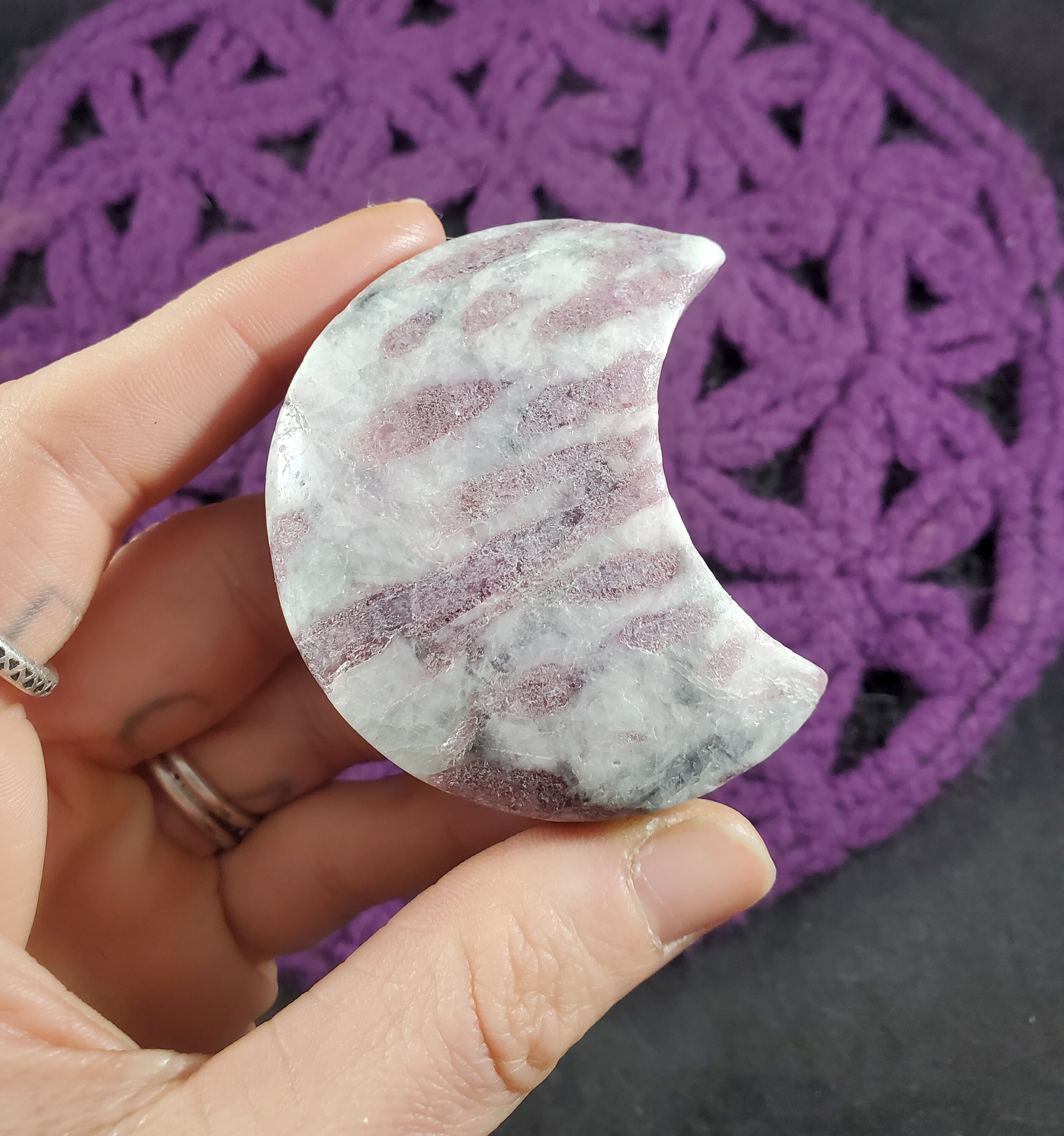 Pink Tourmaline In White Albite Moon Shaped Crystal Stones Starseed Crystals Polished Carving Carved Shape Rock Moonchild Moon