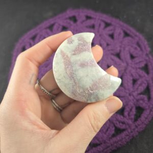 Pink Tourmaline in White Albite Moon Shaped Crystal Stones Starseed Crystals Polished carving carved shape rock moonchild moon