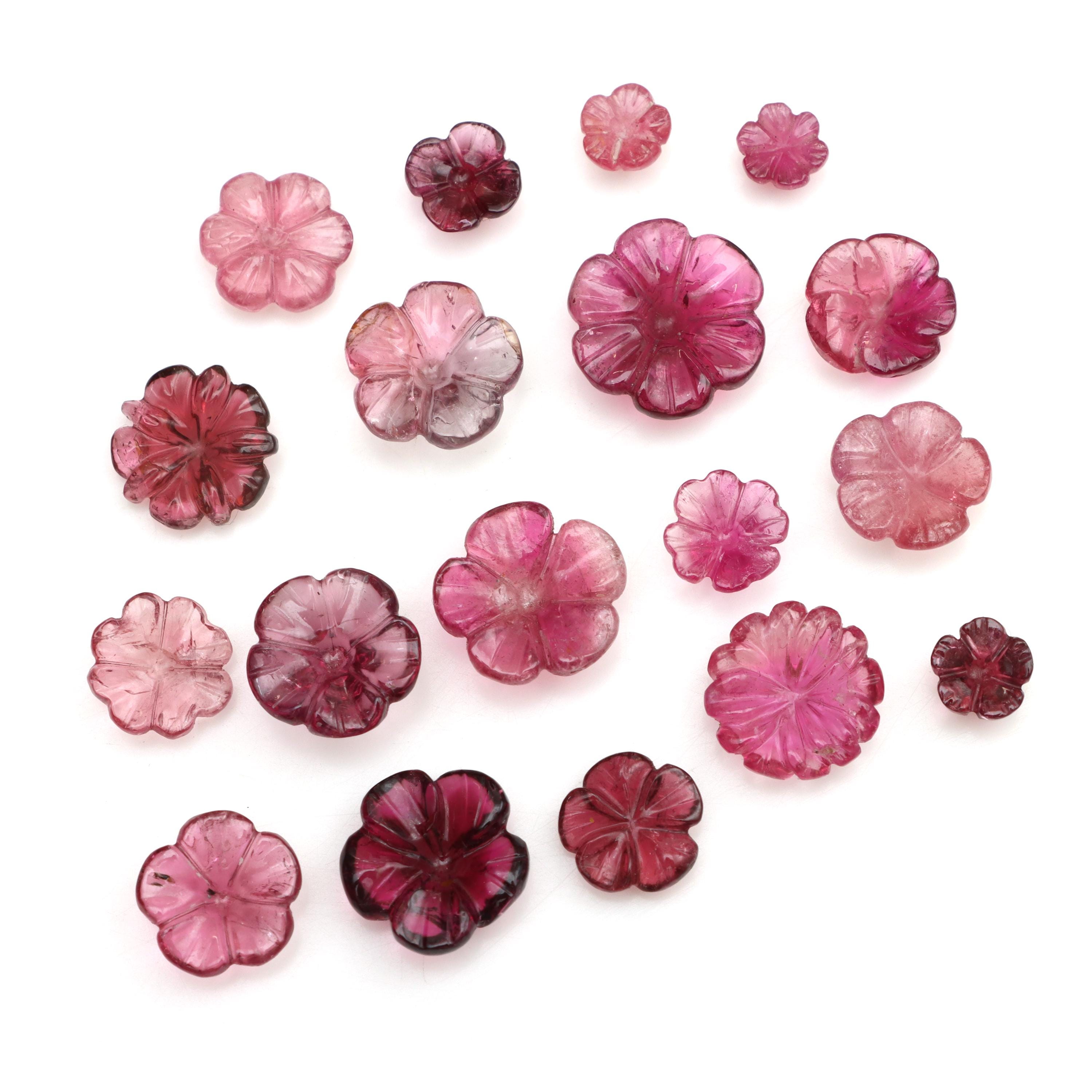 Natural Pink Tourmaline Flower Carving Loose Gemstone, 6.5x6.5 Mm To 14.5x15 Mm, Tourmaline Flower Carving Gemstone Set Of (18 Pieces) Natural Pink Tourmaline Flower Carving Loose Gemstone, 6.5x6.5 Mm To 14.5x15 Mm, Tourmaline Flower Carving Gemstone Set Of (18 Pieces)