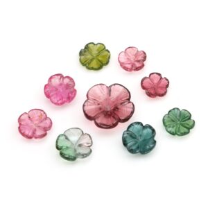 Natural Multi Tourmaline Flower Carving Loose Gemstone, 9x9 mm To 16x16 mm, Pink Tourmaline Jewelry Making Loose Gemstone Set of (9 Pieces)