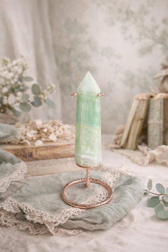 Pistachio Calcite Crystal Tower | Mint Green Banded Polished Mineral Home Decor Countryside Accent Pistachio Calcite Crystal Tower | Mint Green Banded Polished Mineral Home Decor Countryside Accent
