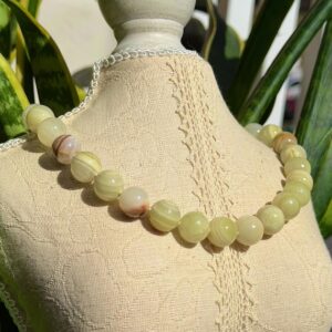 Pistachio Calcite Statement Necklace • Large Green Banded Stone Beads • Hand Knotted Silk • 18k PVD Gold Toggle Clasp