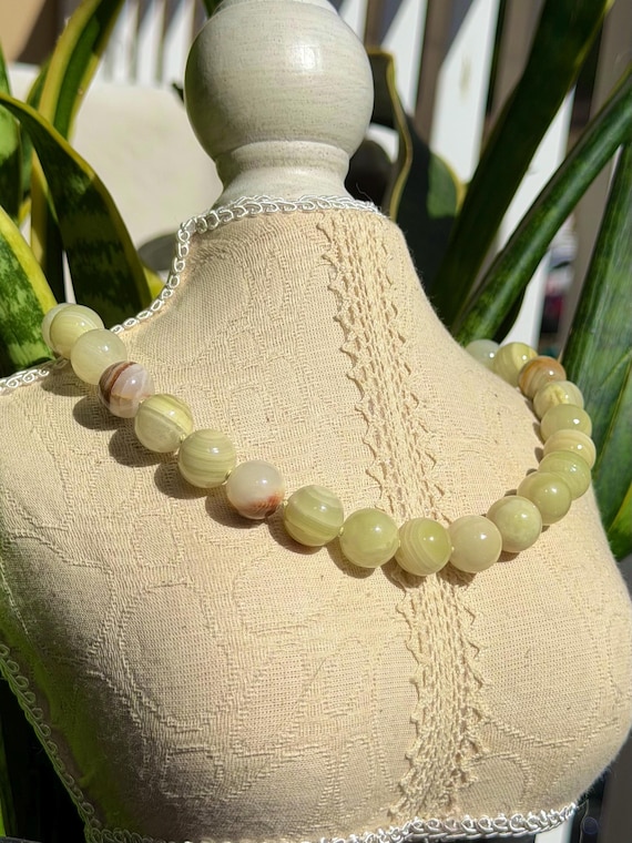 Pistachio Calcite Statement Necklace • Large Green Banded Stone Beads • Hand Knotted Silk • 18k Pvd Gold Toggle Clasp Pistachio Calcite Statement Necklace • Large Green Banded Stone Beads • Hand Knotted Silk • 18k Pvd Gold Toggle Clasp