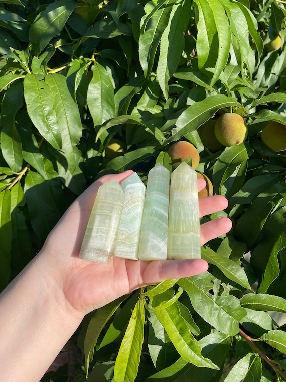 Pistachio Green Banded Calcite Tower Wand Point Pistachio Green Banded Calcite Tower Wand Point