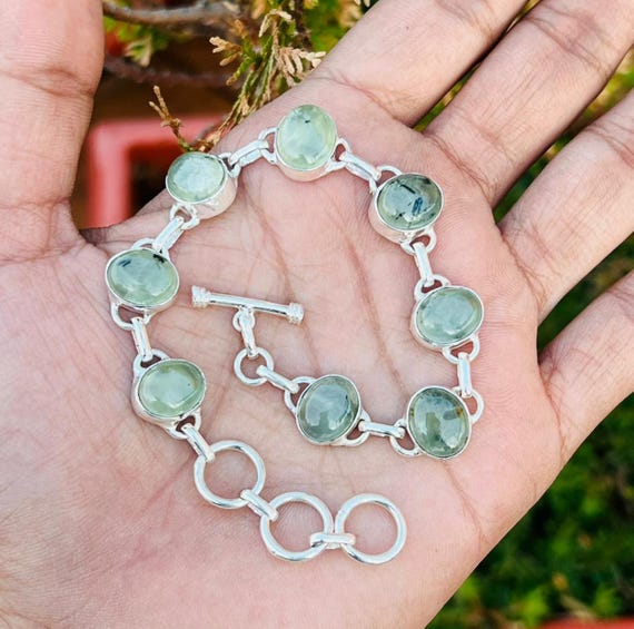 Prehnite Bracelet, 925 Sterling Silver, Adjustable Bracelet, Designer Handmade Jewelry